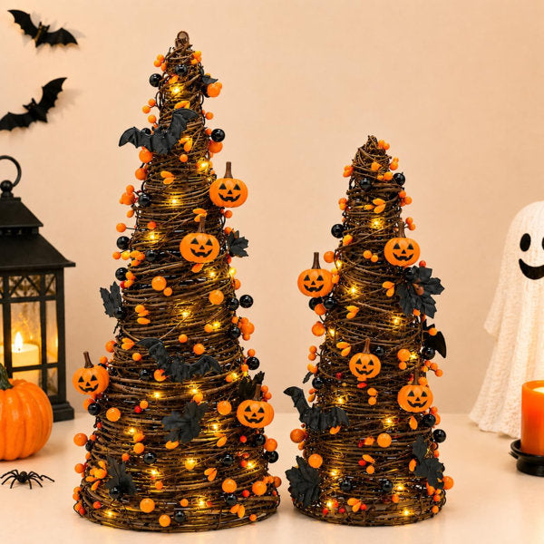 2Pack Lighted Halloween Tabletop Trees with Timer, Pumpkin Bat Decor Rustic rattan trees with LED lights, pumpkins, bats,maple leaves&timer function; two sizes create a layered Halloween display