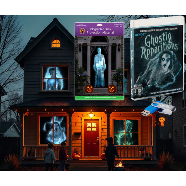 AtmosFX Ghostly Apparitions Halloween Digital Decoration on USB + 5.5 ft x 9 ft Holographic Screen