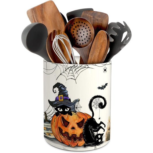 Halloween Kitchen Decor Ceramic Utensil Holder, Cute Halloween Cat Pumpkin Utensils Holder, Ceramic Utensils Crock for Rustic Farmhouse Indoor Kitchen Decorations(6.3 Inches)