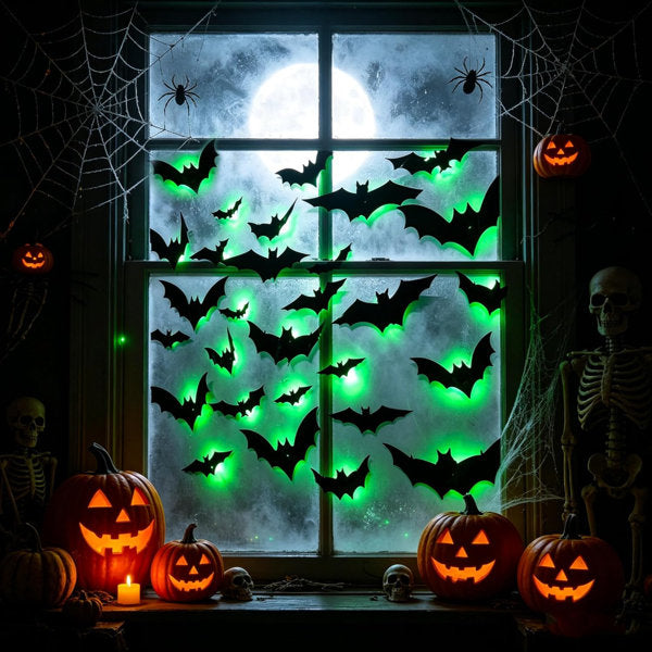 36 Pack Bats Halloween Decorations Bat Wall Stickers | Light Up, 3D Removable Window Decals, Green LED, Indoor/Outdoor Use, Bathroom, Garage Door, Home, Bedroom