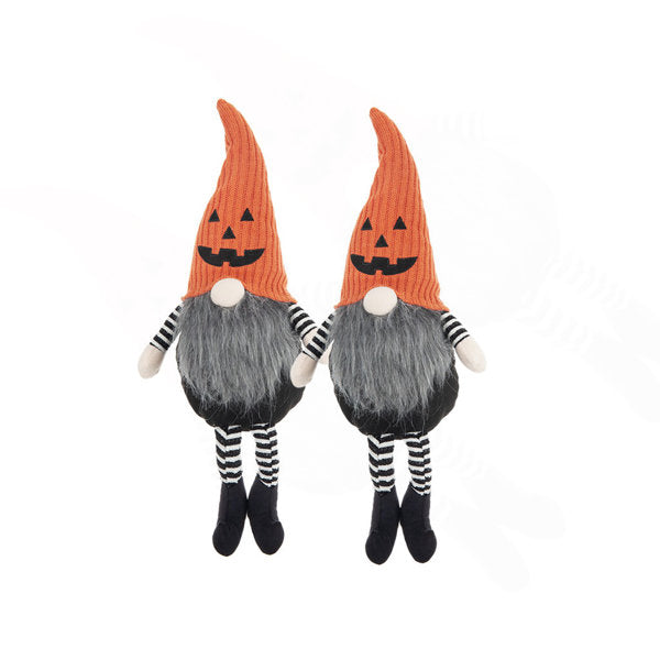 Set of 2 Fabric Sitting Gnome with Orange Knit Hat for Halloween Decor