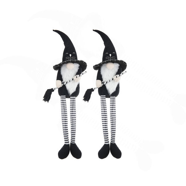 Set of 2 Fabric Sitting Black Gnome With Broomstick and Long Legs for Halloween Decor