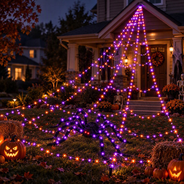 59" Light-Up Halloween Giant Spider with Orange and Purple Lights Triangular Spider Web, Halloween Yard Decor for Outdoor Lawn, Porch, Haunted House