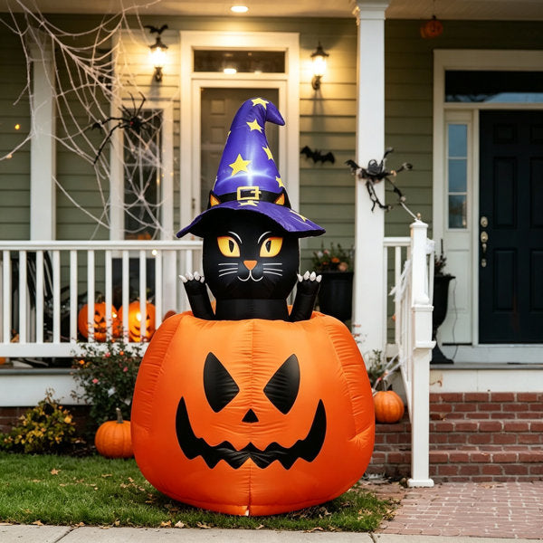 5.3 FT Halloween Inflatable Animated Witch Cat In Pumpkin - Blow-Up Yard Decor With Built-In Leds For Indoor Outdoor Lawn, Garden & Holiday Party
